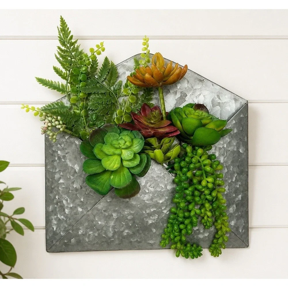Galvanized Metal Wall Pocket Planter Envelope w/ Faux Succulents Home Decor
